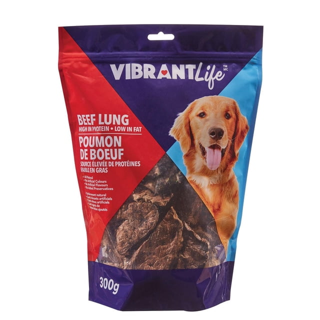 Vibrant Life Beef Lung, 300g dog treats in a resealable bag with red, blue, and purple geometric design, featuring visible dried beef lung pieces through a clear window, labeled high in protein, low in fat, all-natural with no artificial additives, ideal for healthy dog snacks.
