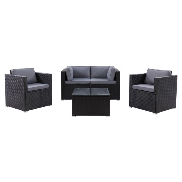 CorLiving Parksville 5-Piece Resin Wicker Rattan and Galvanized Steel Patio Conversation Set with two armchairs, one loveseat, and a coffee table with tempered glass top, all in dark resin wicker with removable grey cushions, suitable for outdoor living and backyard entertaining.