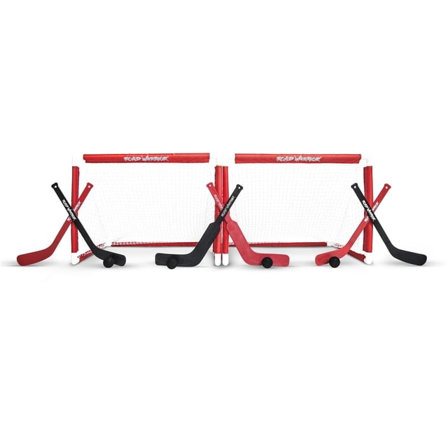 Road Warrior - Mini Hockey Two Goal Combo Set with two 28-inch red and white mini hockey goals with nylon sleeve nets, four pro-curved sticks in red and black, two goalie sticks, and four high-density foam balls, suitable for indoor mini hockey play and quick tournaments.