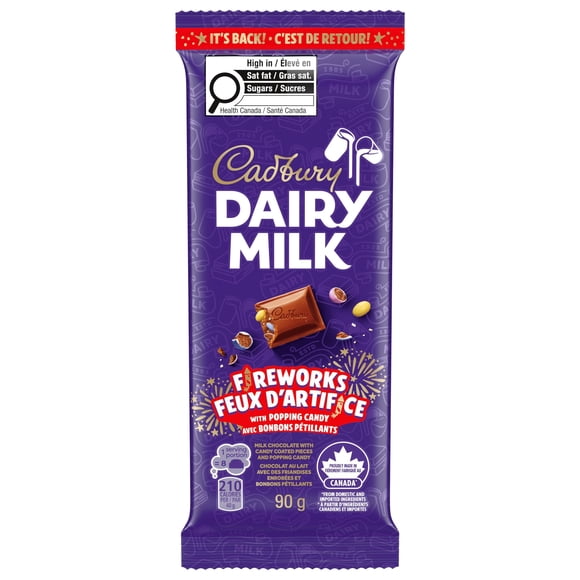 CADBURY DAIRY MILK Feux d’artifice, tablettes de chocolat au lait CADBURY DAIRY MILK avec friandises enrobées et bonbons pétillants, tablette de chocolat, barre de chocolat, 90 g