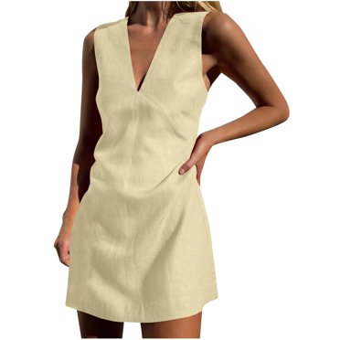 JIRNDf Robes Maxi d'Été pour Femmes Tendance Col en V Lin Sans Manches Basique Couleur Unie Ajustée Jupe Débardeur Robes d'Été pour Femmes Robe Bohème Beige TTG