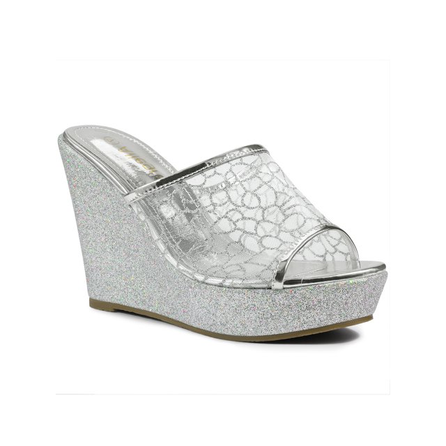 BLISSFUL STEP Sandales pour Femmes à Plateforme Compensée à Paillettes Sandales à Enfiler Argent 8,5