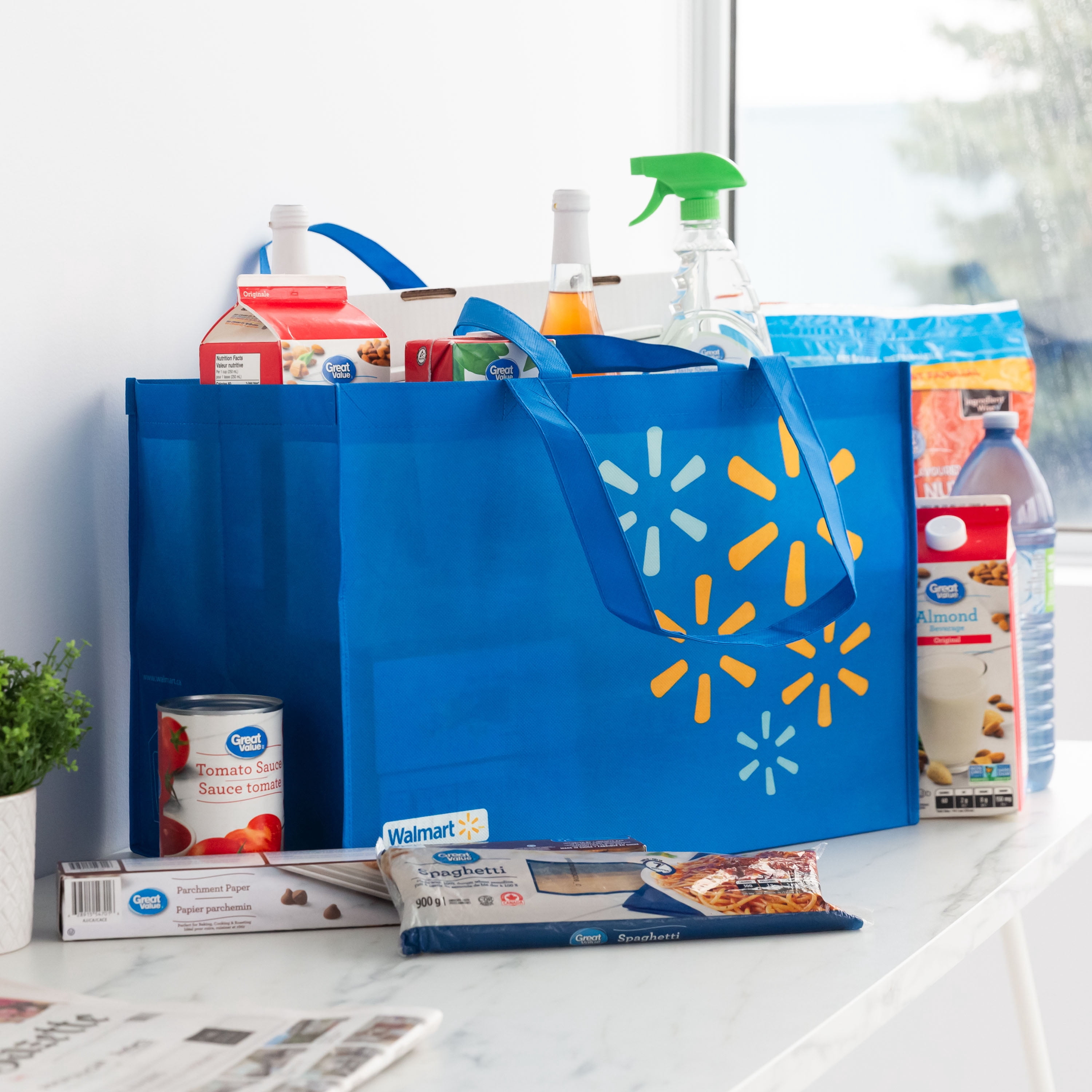 Walmart Grand sac d’épicerie réutilisable, sac fourre-tout à doubles poignées, bleu