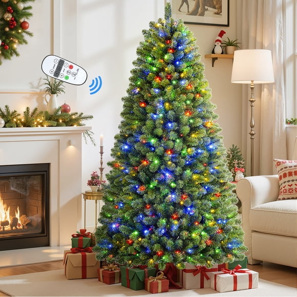 Lolsea Arbre de Noël Artificiel Haut de Gamme de 7 Pi Pré-Illuminé à Charnières avec Lumières DEL Changeantes Blanc Chaud et Couleur et Télécommande