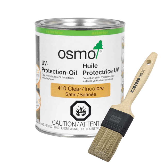 Osmo Huile de protection UV, Fini Satiné Clair 410, Boîte de 750 ml, Conçue pour les Finitions de Bois d'Intérieur, Assortie à une Brosse Plate Murale Elite Proline 50 mm. l'Huile Offre une protection UV 12x, Est Résistante à l'Eau et à la Saleté, Réduit le Grisonnement du Bois et Rehausse les Tons de Bois Naturels. la Brosse Présente des Poils Synthétiques pour une absorption Élevée et une application Fluide.