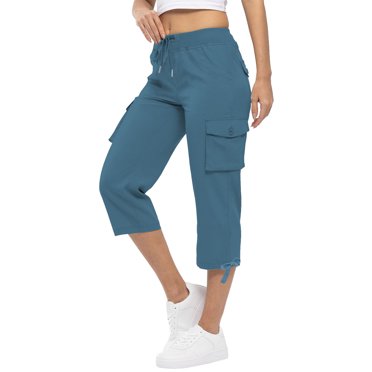 Ohufall Capris en Coton pour Femmes Taille Élastique avec Cordon de Serrage Pantalons Cargo Unis Tendance Grande Taille Jambes Droites Poches Pantalons Cargo, Taille P-3TG
