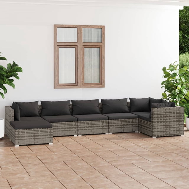 vidaXL 7 Piece Garden Lounge Set with Cushions Poly Rattan Grey