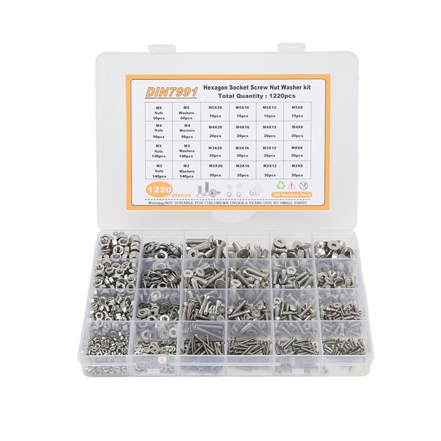 Screw Assembly Kit,1220PCS Screw Nut Washer Metal Screw Nut Washer Kit Flat Head Hex Socket Screw Kit Rugged and Tough