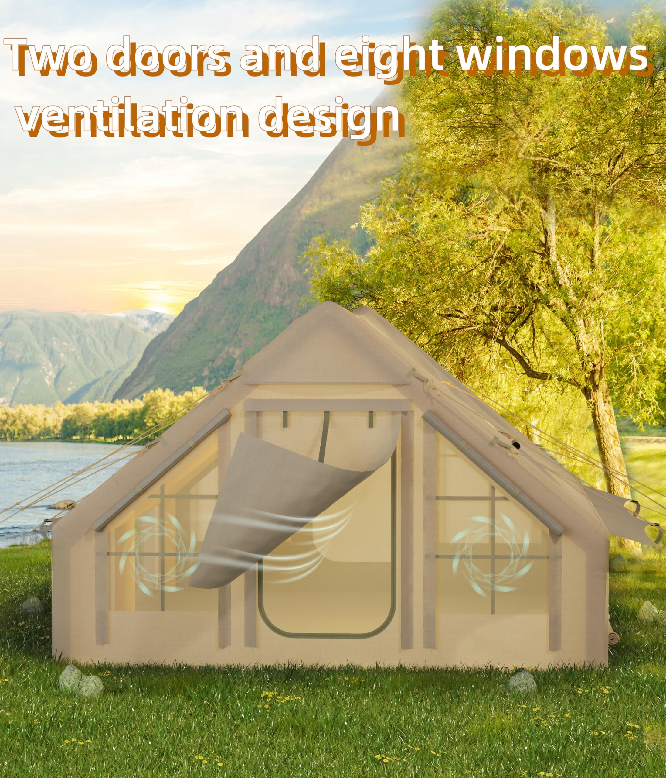 Inflatable 4-Season Camping Tent with Air Pump – Luxury Waterproof & Windproof Outdoor Cabin Shelter – Easy Setup, Two Doors & Six Windows – Spacious Family Tent