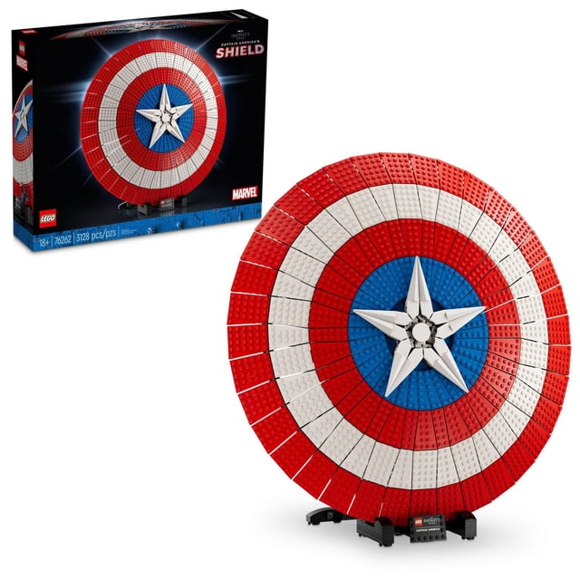 LEGO Marvel Captain America’s Shield 76262 Model Kit for Adults, collectible replica of Captain America’s iconic shield on a display stand with a nameplate. Brick-built round shield in red, white and blue with central star motif, includes Captain America minifigure and Mjölnir, 3,128 pieces; finished diameter over 18.5 in. (47 cm). Building instructions available on the LEGO Builder app; often used as a film-room or shelf centerpiece for Marvel collectors.