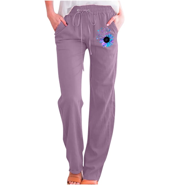 Yuyuzo Womens Cotton Linen Pants Straight Leg Flower Graphic Drawstring High Waisted Lounge Pants Slacks
