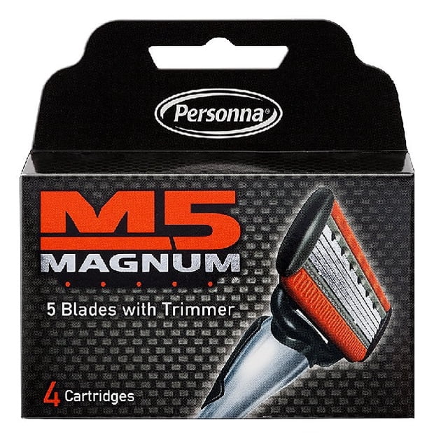 Personna M5 Magnum 5 Refill Razor Blade Cartridges, 4 ct. (Pack of 2). The packaging highlights the Personna logo, 'M5 Magnum' branding, and features five blades with a trimmer for precise shaving. Includes a lubricating strip with Vitamin E and Aloe to reduce skin irritation, ensuring a smooth and comfortable shave.