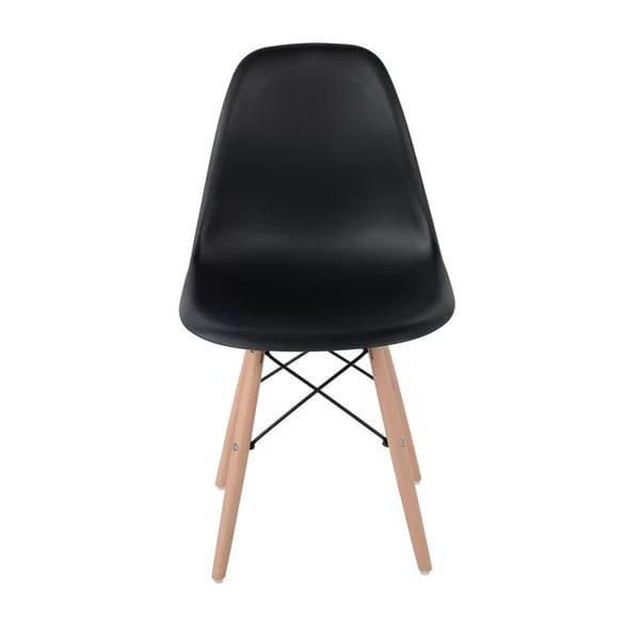 Chaise pour Enfants Eiffel avec Pattes en Bois de Couleur Noire, Dotée d'Un Siège Ergonomique en Polypropylène Noir avec Pattes en Bois Naturel et supports Croisés en Métal Noir, Mesurant 22 Pouces de Hauteur par 12 Pouces de Largeur et de Profondeur, Conçue pour les Chambres d'Enfants et Convient aux Petits Espaces d'Étude Ou de Jeu.