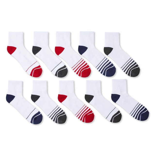 Athletic Works Men's Anklet Socks 10-Pack centered front view of ten ankle-length knit socks in assorted colours showing half-cushion sole, mesh knit panels for breathability, ribbed cuffs and elastic arch band; contoured heel and toe for athletic or everyday wear, often used for gym rotations or packed in travel bags.