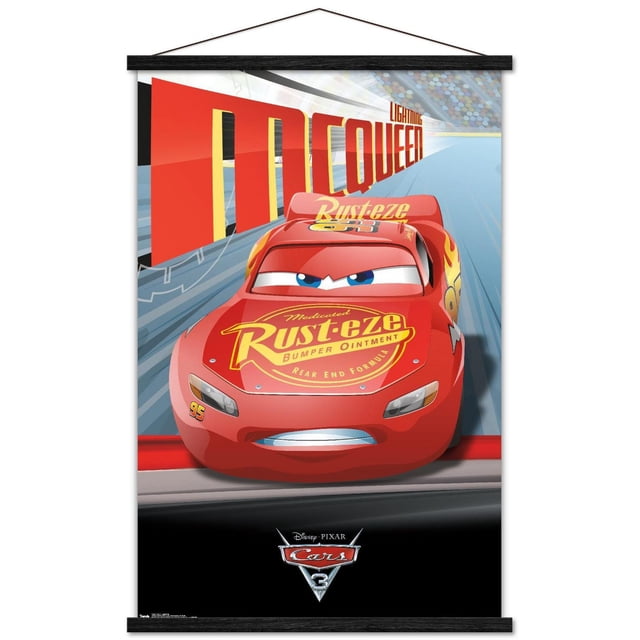 Disney Pixar Cars 3 - Lightning Wall Poster, 22.375" x 34" framed showing a centered front view of Lightning McQueen, the red race car with blue eyes and Rust-eze bumper ointment logo on the hood, racing on a track with a blurred stadium background and large red McQueen text behind. This framed poster is suitable for decorating kids' rooms or themed party spaces.