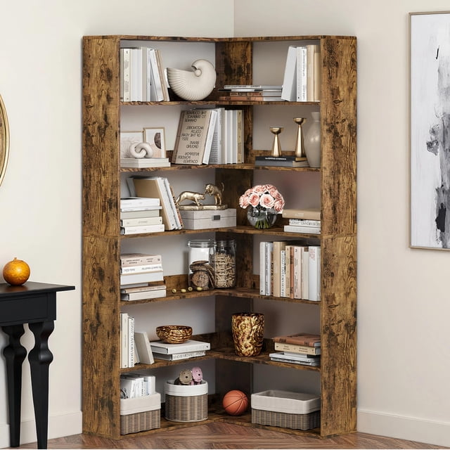 Industrial Corner Bookshelf 6-Tier | 35.2" L-Shaped Tall Bookcase for Living Room