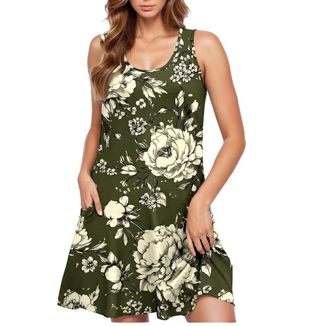 Ovzne Robes Grande Taille pour Femmes aux Formes Robe de Plage Robe Décontractée pour Femme Dégradé Sans Manches Col Ras du Cou Robe à Imprimé Robe de Vacances Imprimée Liquidation
