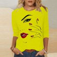 thumbnail image 2 of Penkiiy Hauts pour Femmes Mode Femmes T-shirt Imprimé Mi-Long Manches 3/4 Blouse Col Rond Hauts Décontractés Jaune Vêtements Y2K, 2 of 4