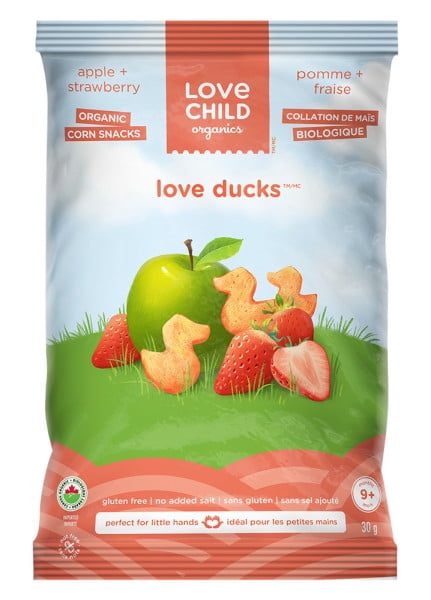 Love Child Organics Love Ducks Snacks de Maïs Pomme + Fraise Sac de 30g