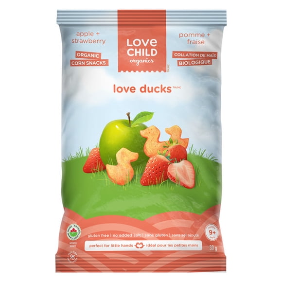 Love Child Organics Love Ducks Apple + Strawberry Corn Snacks 30g Bag