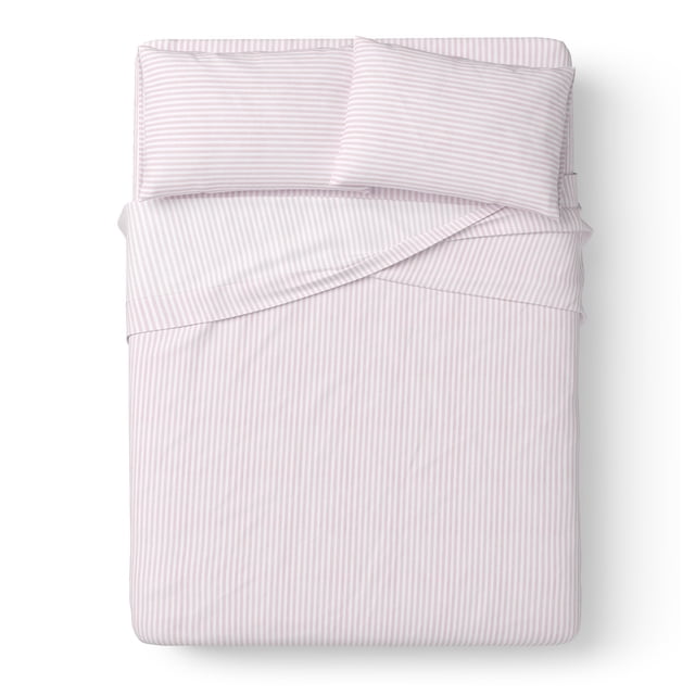 Mainstays Enfants Ensemble de Draps 4 Pcs en percale de Coton à Rayures 220 Fils Pink Queen, Literie en percale de Coton à Rayures Roses et Blanches Pliée; percale de Coton Respirante avec Drap-Housse à Poche Profonde pour Matelas jusqu'à 14 Pouces de Profondeur (60 Pouces x 80 Pouces x 12 Pouces), Comprend 1 Drap Plat (90 Pouces x 102 Pouces) et 2 Taies d'Oreiller standard avec Fermetures à Rabat Internes, Conçu pour Rafraîchir la Chambre des Enfants.