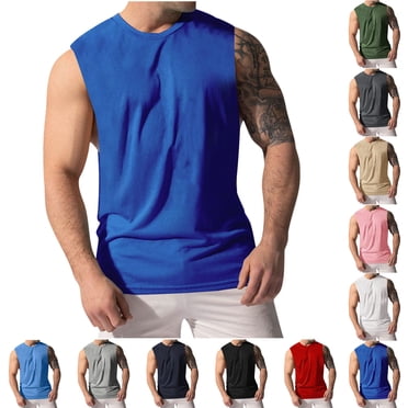 FNFYFH Clearance Mens Tank Tops Mens Cut Off Shirts Beige, Men's Side Split Waistband Sleeveless Fitness Round Neck Sport Fashion Savings $15 & Under