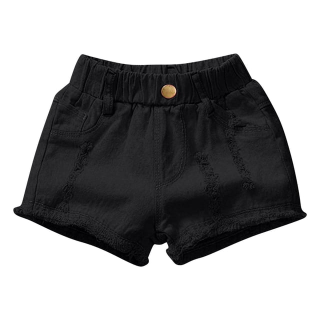 Yanlir Children's Casual Solid Color Ripped Denim Shorts for 1-16 Years Fashionable Button Pocket for Everyday Wear(Black,1-2 Years)