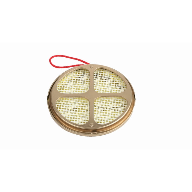 Coghlan's Metal Mosquito Coil Holder in gold with durable metal frame and white glass fiber mesh, featuring a red nylon loop for hanging, designed for secure, tip-free burning of mosquito repellent coils and ash containment for easy cleanup outdoors.