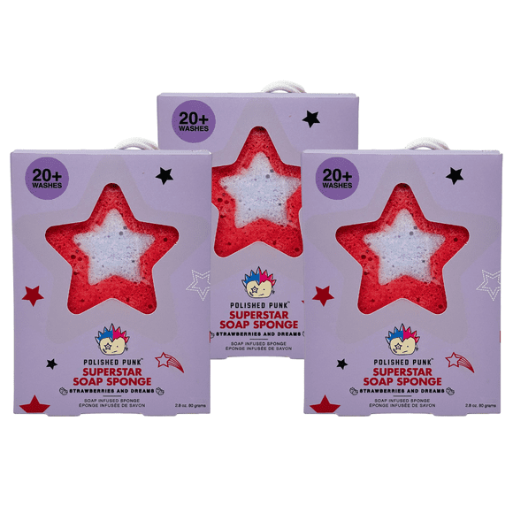 Polished Punk - Soap Infused Bath Sponge for Kids and Tweens, Strawberries and Dreams (Pack of 3)