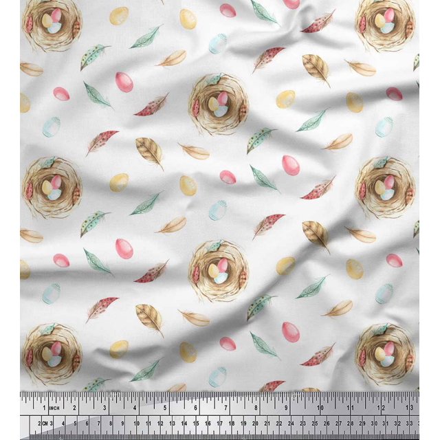Soimoi White Silk Fabric Nest & Feather Print Fabric by the Yard 42 Inch Wide