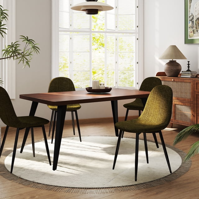 Homy Casa 63 inch Dining Set for 4 with a rectangular faux walnut tabletop and black flat iron legs, paired with four olive-green fabric upholstered chairs with curved backs and black legs, placed on a round beige fringed rug in a bright dining room with large windows and wooden floors, ideal for kitchens or apartments.