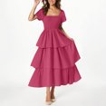 thumbnail image 2 of yoeyez Robes d'Été pour Femmes à Manches Courtes Volantées, Encolure Carrée, Robe Midi Smockée, à Étages, Plage, Vacances, Fluide, Coupe Évasée, Rose Vif, 2TG, 2 of 7