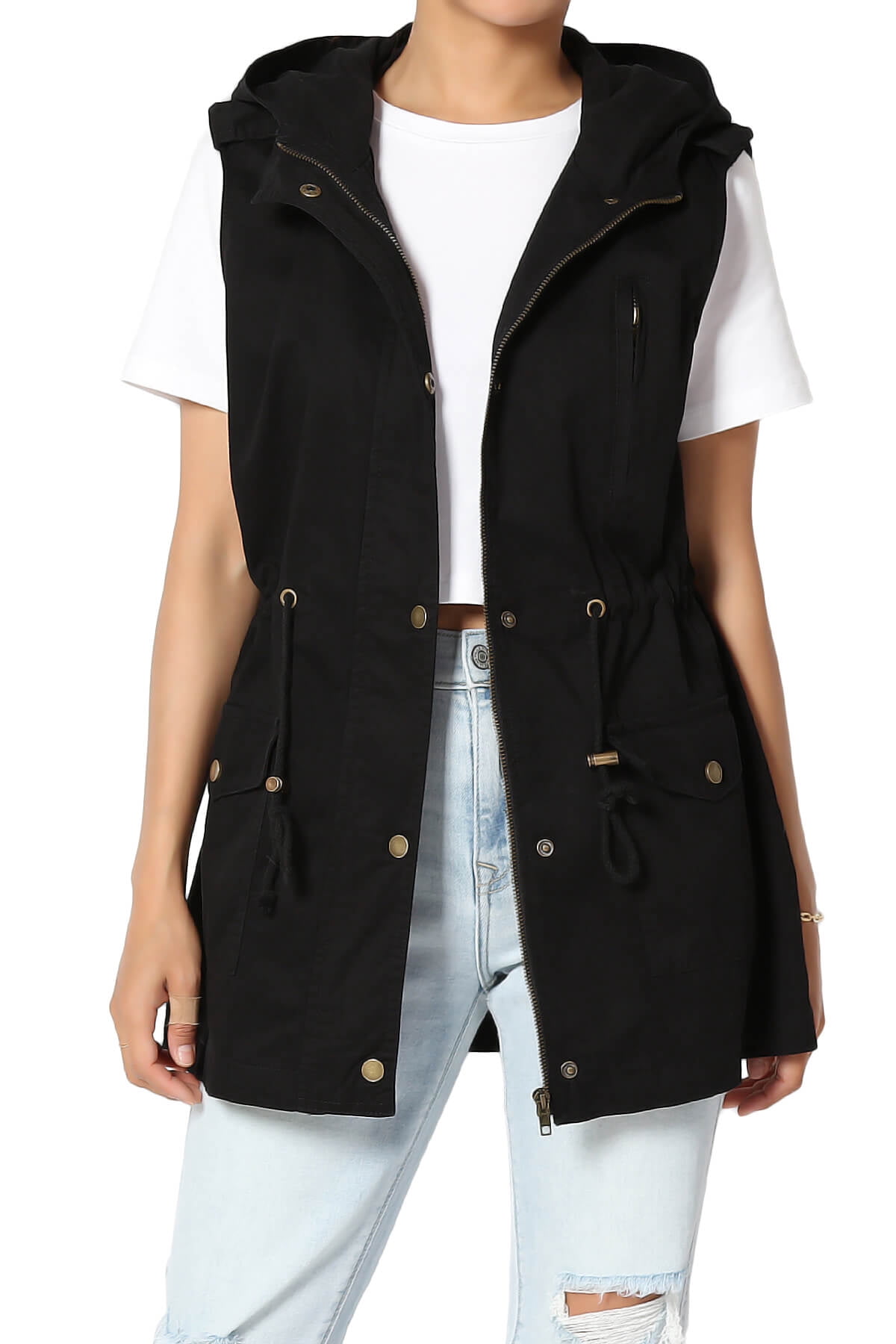 TheMogan Women's S~3X Drawstring Loose Fit Utility Vest Sleeveless Military Jacket