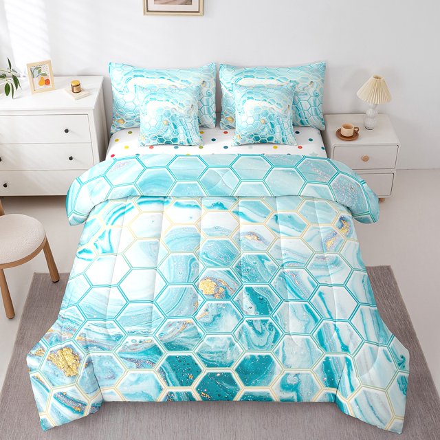 Erosebridal Literie Marbre Bleu Aqua Format Double, Nid d'Abeille Abstrait Ensemble de Lit Format Double, Réversible 7 Pcs