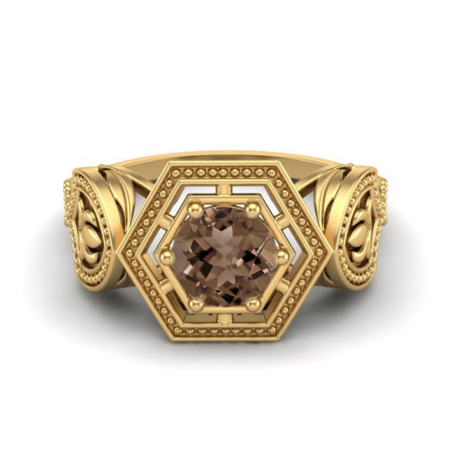 6MM Rond Fumé Quartz 925 Argent Sterling Or Vermeil Forme Hexagone Géométrique Femmes Bague de Mariage
