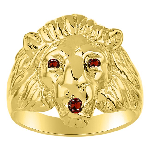 RYLOS Gold Plated Silver Lion Head Ring Color Stone Birthstones Eyes and Mouth Fun Designer Rings Garnet Jewelry Size 13