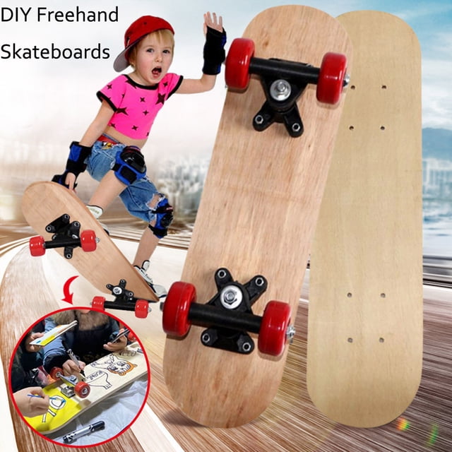 Planche à Roulettes à Main Levée de 17 Pouces pour Débutants avec un Plateau en Érable concave à double Coup de Pied au design graffiti. Équipée de Roues Rouges Durables, d'Un Ruban Antidérapant et Supporte jusqu'à 165 Lb. Idéale pour le Patinage de Rue, les Parcs de skate, les Rampes, les Tours et les Déplacements. Affichée avec un Enfant Portant un Équipement de Protection et un Gros Plan des options de Personnalisation.