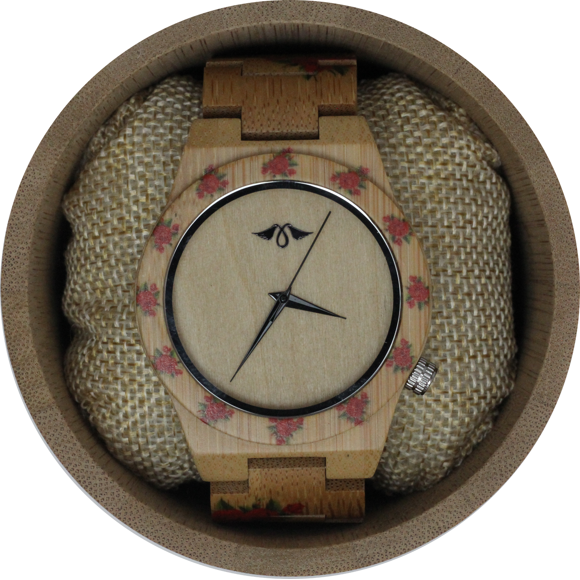 Angie Wood Créations Montre pour Femme en Bambou avec Motif de Rose et Cadran en Bambou