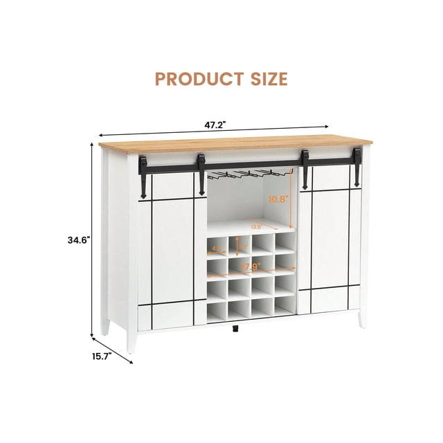 Bingirl Wine Cabinet - Farmhouse Coffee Bar Cabinet with Storage Space, 47-Inch Bar Cabinet with Sliding Barn Door, Buffet Sideboard, 16-Bottle Wine Rack for Dining Room and Living Room