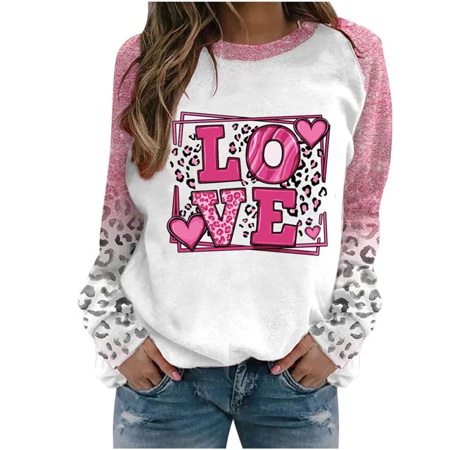 VALMASS Plus Size Valentine'S Day Raglan Sleeve Sweat-Shirts Mode Imprimé Cosy Tops Casual Col Rond Tunique Sweat-Shirts (M, Rose)