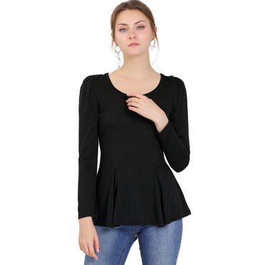 INSPIRE CHIC Hauts pour Femmes Manches Longues Col Rond Décontracté Péplum CHIC Chemise TG Noir