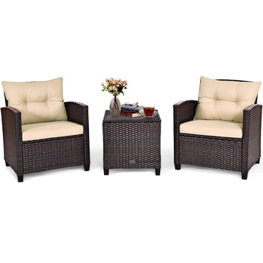 Giantex 3 Pieces Patio Furniture Set, PE Rattan Wicker 3 Pcs Outdoor Sofa Set w/Washable Cushion and Tempered Glass Tabletop, Conversation Furniture for Garden Poolside Balcony (Brown)