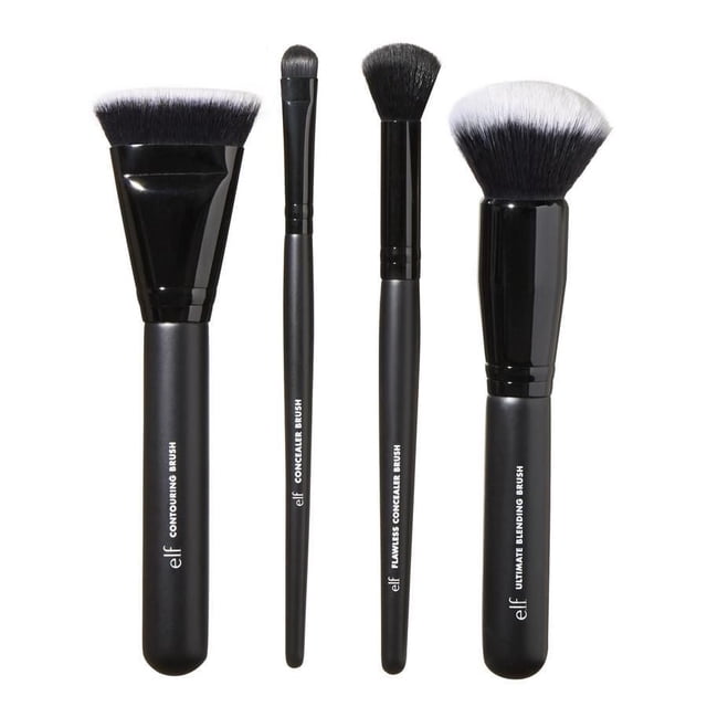 e.l.f. cosmetics Complexion Perfection Brush Kit with four black-handled face brushes including a dense angled Contouring Brush, two Concealer Brushes, and a large Ultimate Blending Brush with white-tipped bristles, designed for foundation, concealer, contour, and blending application on a white background.