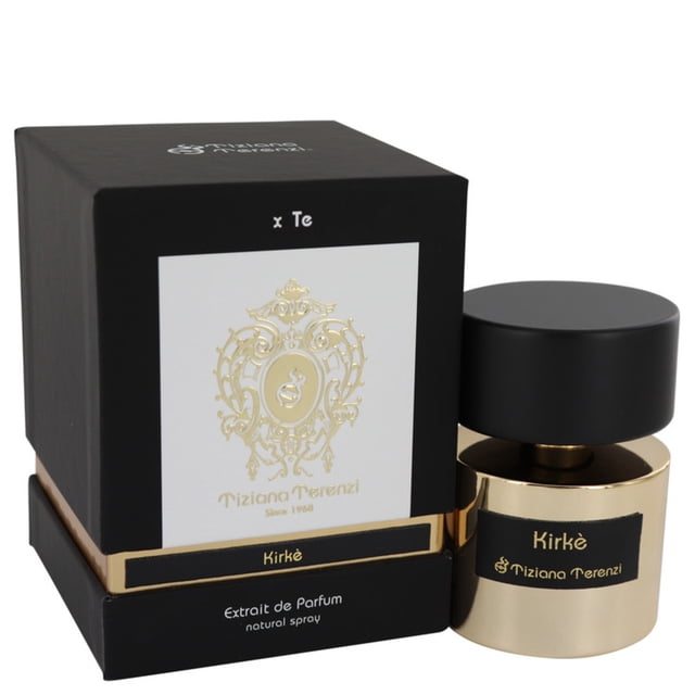 Tiziana Terenzi Kirke Parfum Unisexe, un Parfum Italien de Luxe dans une Bouteille de 100 Ml/3,4 fl oz, Présenté avec un design Noir et Or Élégant. la Boîte Assortie Présente des accents Dorés Complexes et une Image de Marque. le Parfum Mêle fruit de la passion, Framboises, Poires, Fleur d'Héliotrope et Musc, Conçu par l'Artisan Paolo Terenzi.