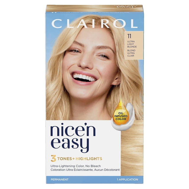 Clairol Nice'n Easy Permanent Hair Dye in Ultra Light Blonde 11, featuring 3 tones and highlights with oil infused color for natural-looking, permanent hair color without bleach, one application kit.