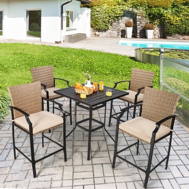 Gymax 5PCS Patio Bar Stool & Table Set Outdoor Bistro Furniture Set w/ Cushions
