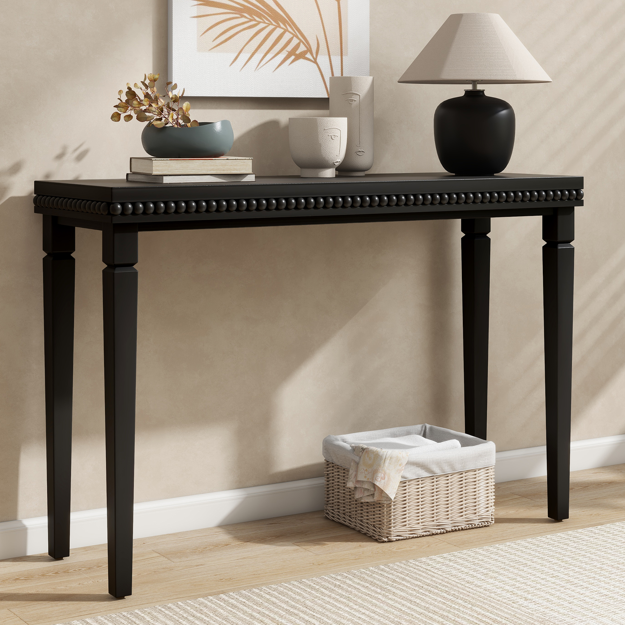 Noble House Table Console de Ferme avec Garniture Perlée, Placage de Bois Naturel Table de Canapé d'Entrée pour Salon et Couloir, Noir