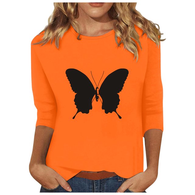 Dadaria Chemise Orange pour Femmes Hauts T-Shirt à Manches 3/4 Col Ras du Cou Tee Grande Taille Chandail d'Été Blouses 2TG