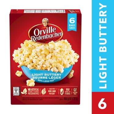 Orville Redenbacher Maïs éclaté pour micro‑ondes Beurre Léger, 50 % moins de gras, maïs éclaté 100 % grains entiers, sans colorants ni agents de conservation artificiels, 456g (6 sacs x 76g)