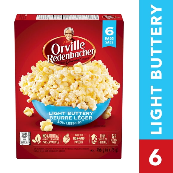 Orville Redenbacher Light Buttery Microwave Popcorn, 50% Less Fat, 100% Whole Grain Popcorn, No Artificial Colours or Preservatives, High Source of Fibre, Gluten Free, 456g (6 bags x 76g)